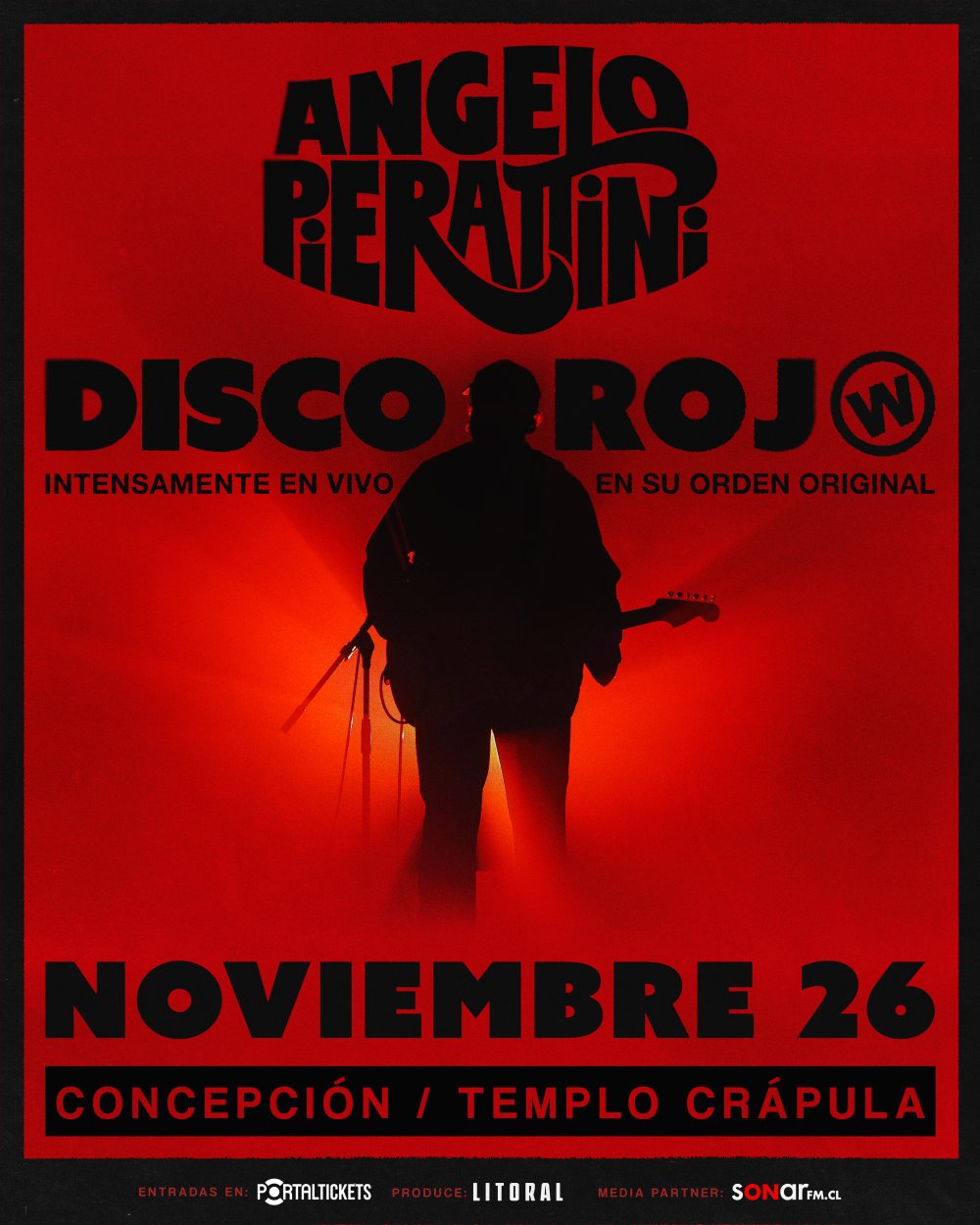 Flyer ANGELO PIERATTINI - DISCO ROJO EN VIVO EN TEMPLO CRÁPULA, CONCEPCIÓN