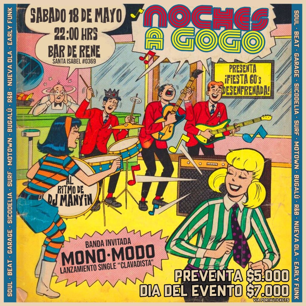 Flyer NOCHES A GOGO PRESENTA MONO MODO EN LOS 28 AÑOS DEL BAR DE RENÉ