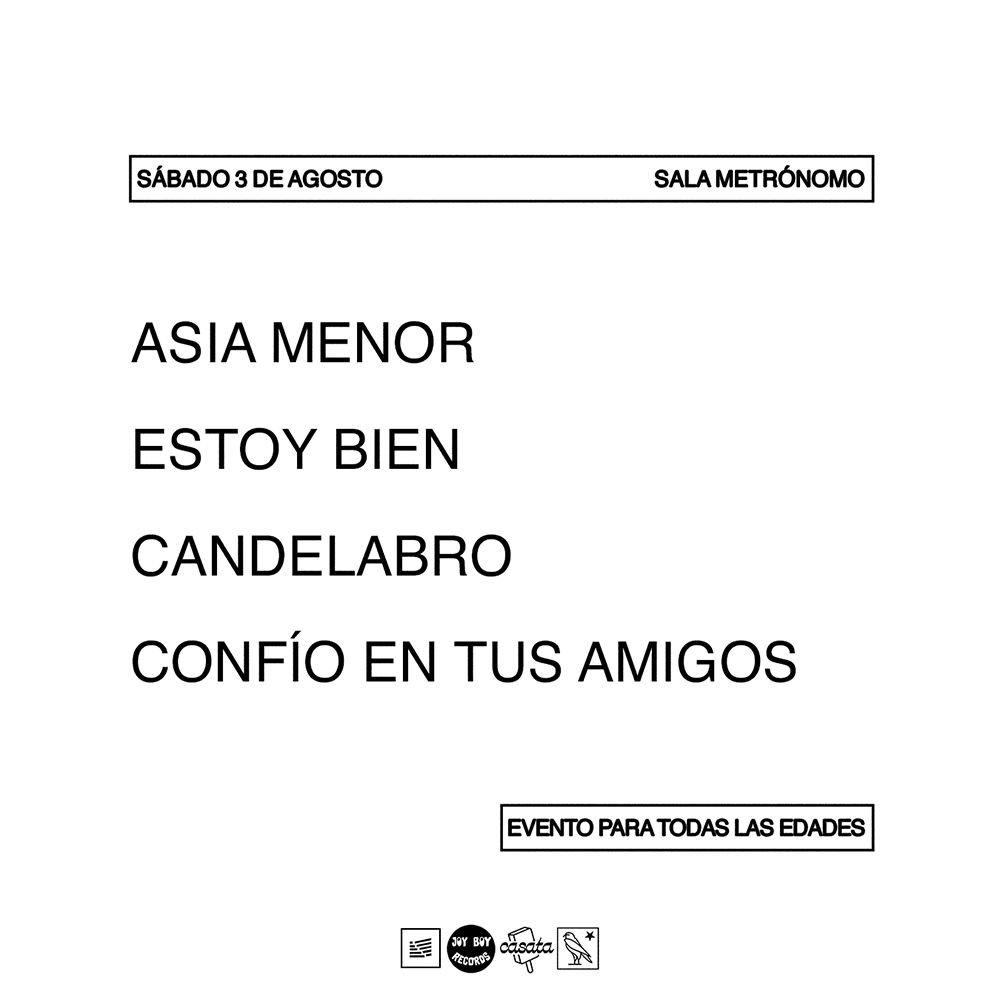 Flyer Evento ASIA MENOR + ESTOY BIEN + CANDELABRO + CONFÍO EN TUS AMIGOS EN SALA METRÓNOMO