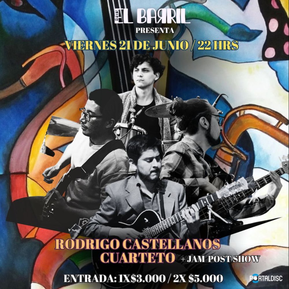 Flyer RODRIGO CASTELLANOS CUARTETO + JAM DE JAZZ EN EL BARRIL DE ESMERALDA, VALDIVIA