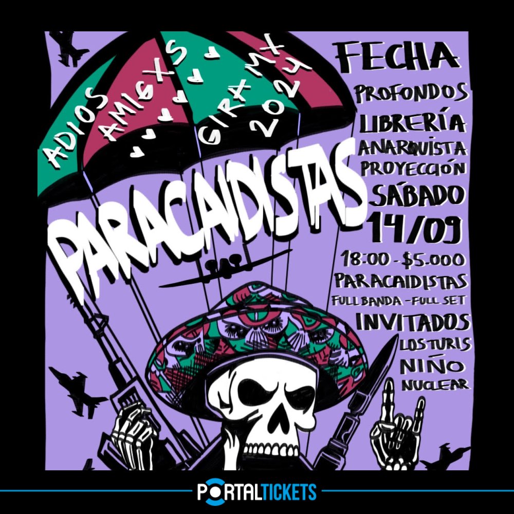 Flyer Evento PARACAIDISTAS: ADIÓS AMIGXS EN LIBRERÍA ANARQUISTA PROYECCIÓN