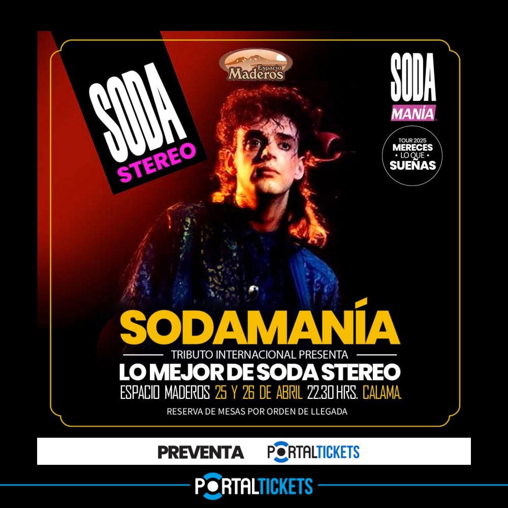 Flyer SODAMANÍA: TRIBUTO A SODA STEREO ESPACIO MADEROS