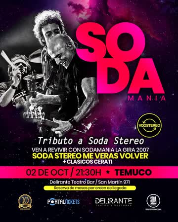 Afiche de SODAMANIA TRIBUTO INTERNACIONAL A SODA STEREO, DELIRANTE TEATRO BAR