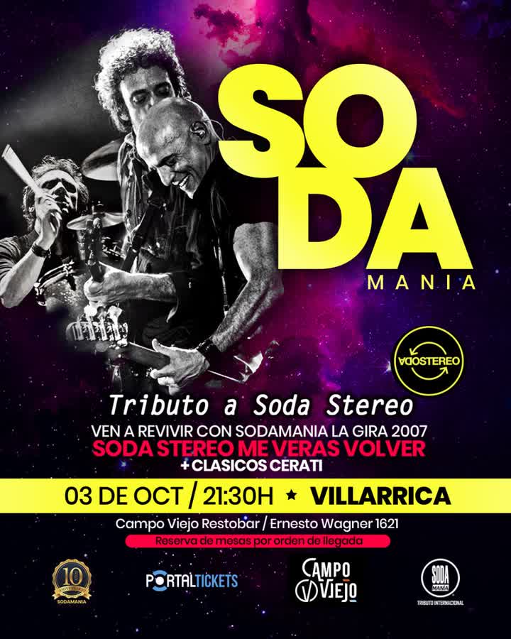 Afiche de SODAMANIA TRIBUTO INTERNACIONAL A SODA STEREO. CAMPO VIEJO, VILLARRICA