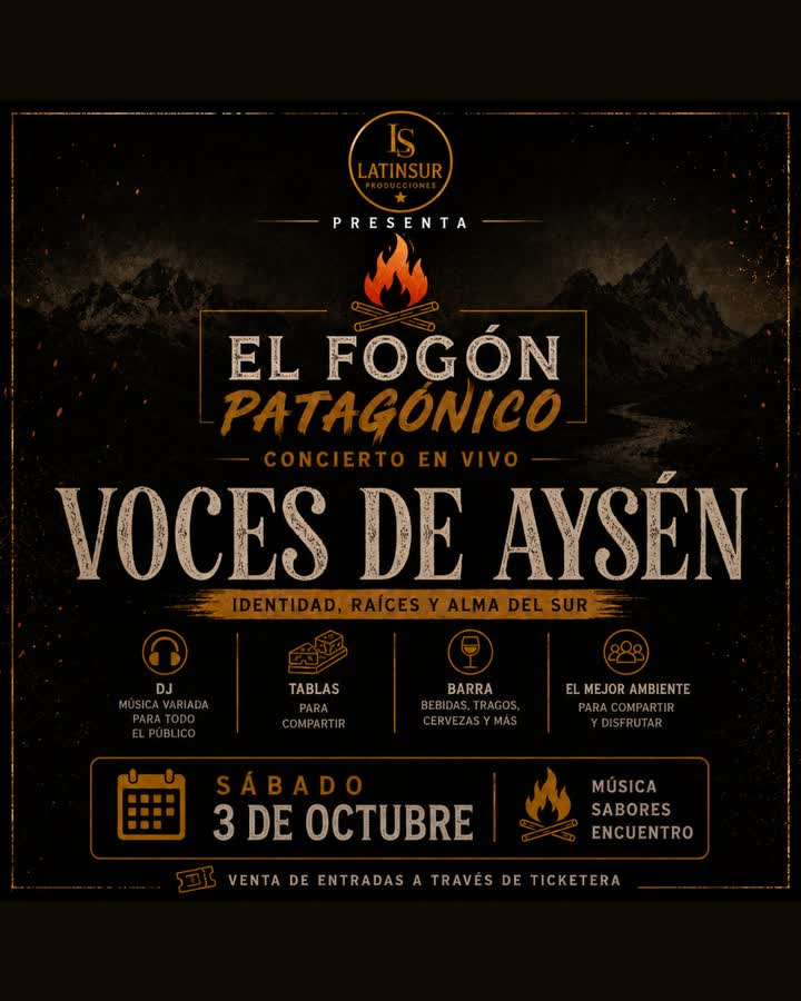 Afiche de EL FOGÓN PATAGONICO CONCIERTO VOCES DE AYSÉN EN PADRE LAS CASAS