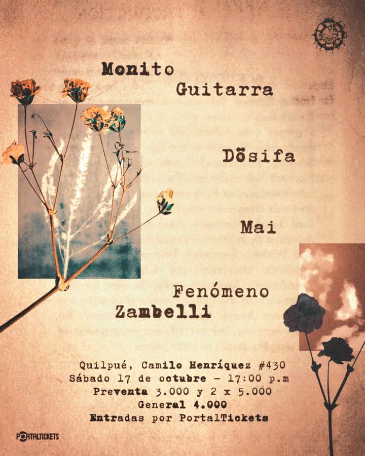 Afiche de MONO GUITARRA + DÖSIFA + FENÓMENO ZAMBELLI + MAI EN ESPACIO MUSA, QUILPUÉ
