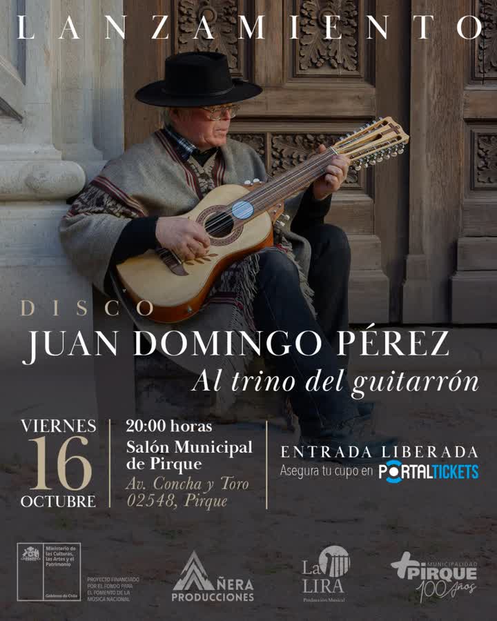 Afiche de JUAN DOMINGO PÉREZ: LANZAMIENTO DISCO: AL TRINO DEL GUITARRÓN EN SALÓN MUNICIPAL DE PIRQUE