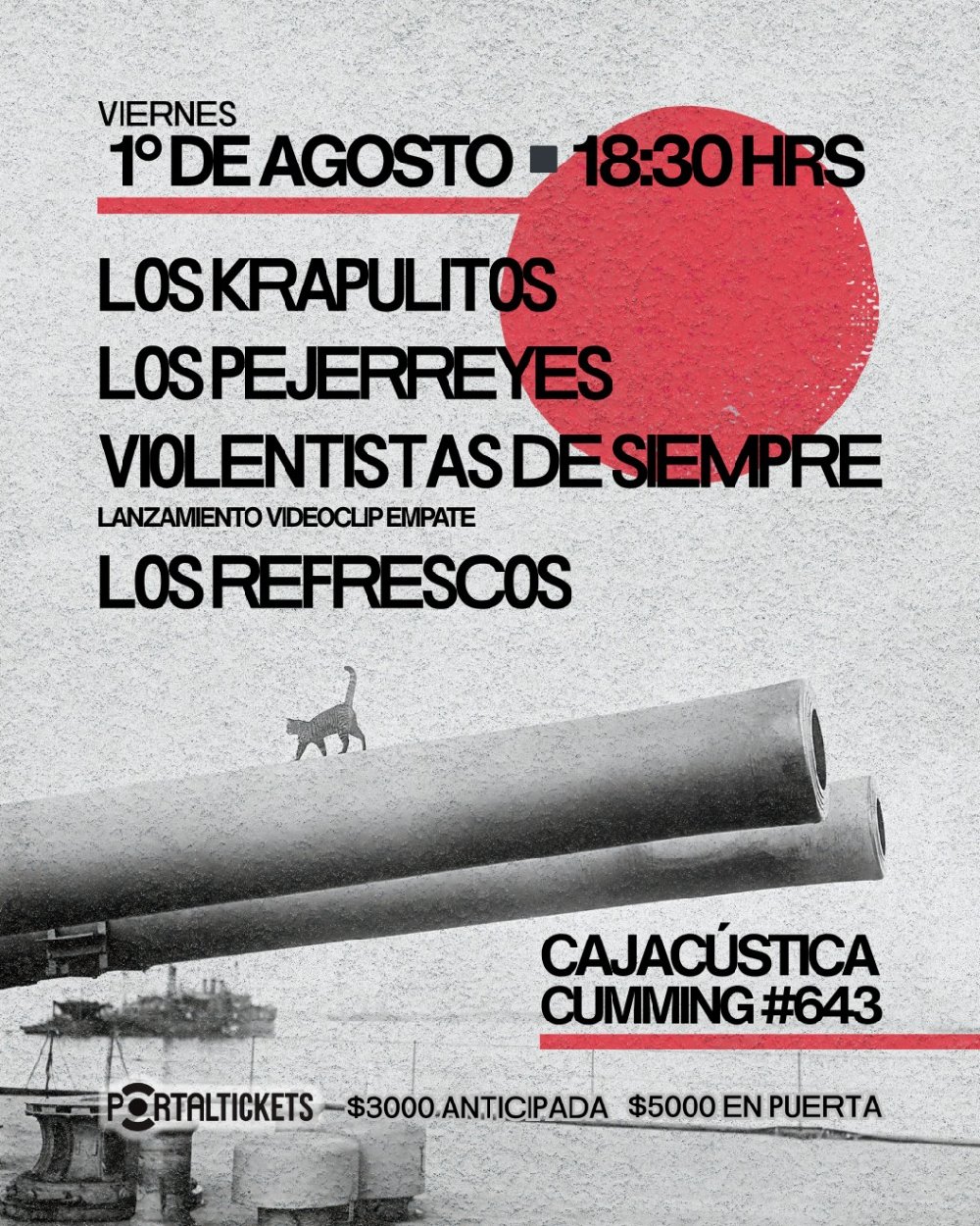 Flyer Nota Tocata en Cajacústica: Violentistas de siempre, Los krapulitos, Los pejerreyes y Los refrescos